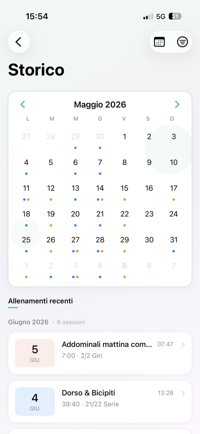 Schermata storico con il calendario degli allenamenti