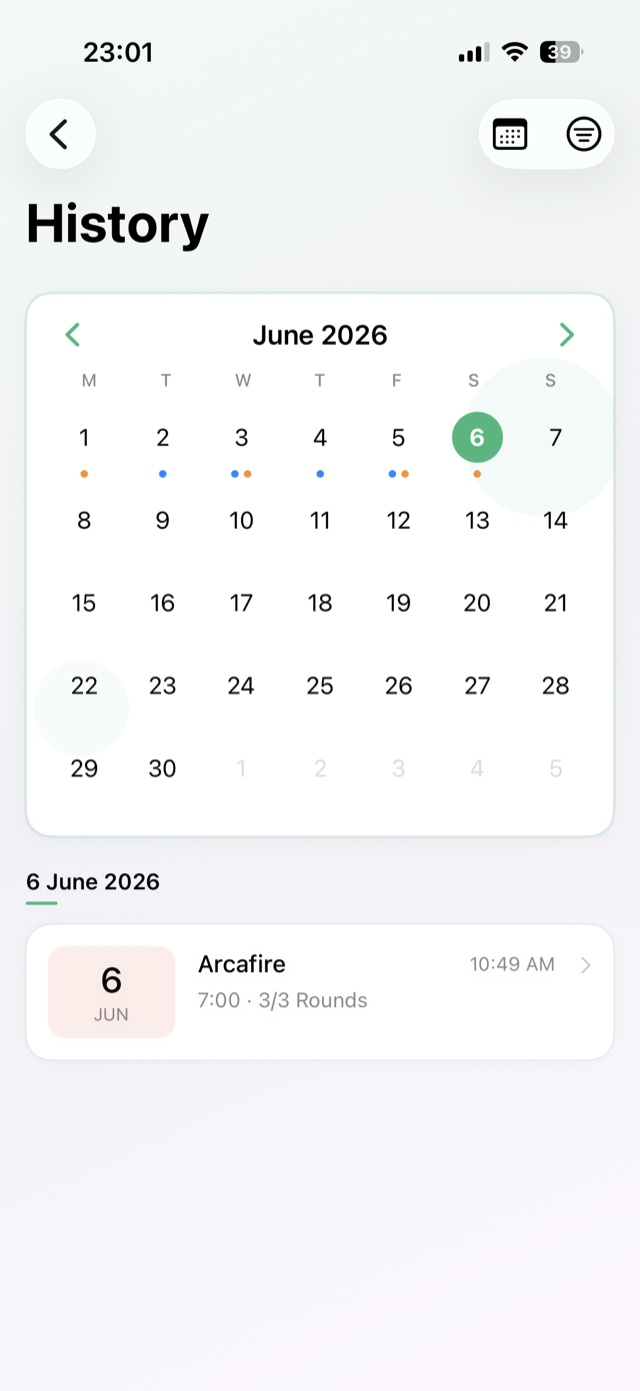 History screen with the training calendar
