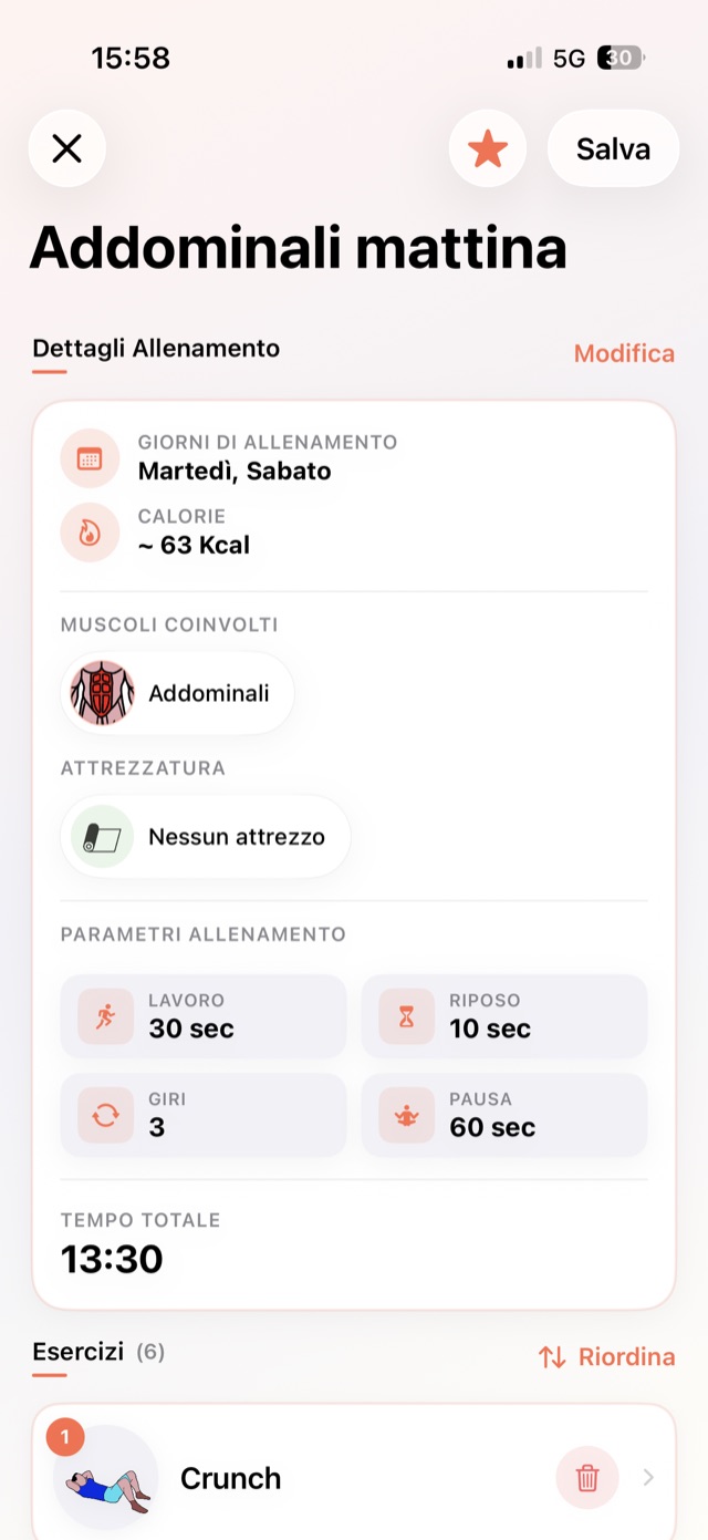Editor di un allenamento personalizzato con la lista degli esercizi